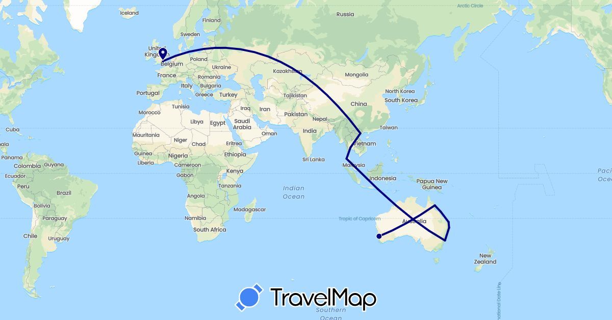 TravelMap itinerary: driving in Australia, United Kingdom, Indonesia, Thailand, Vietnam (Asia, Europe, Oceania)